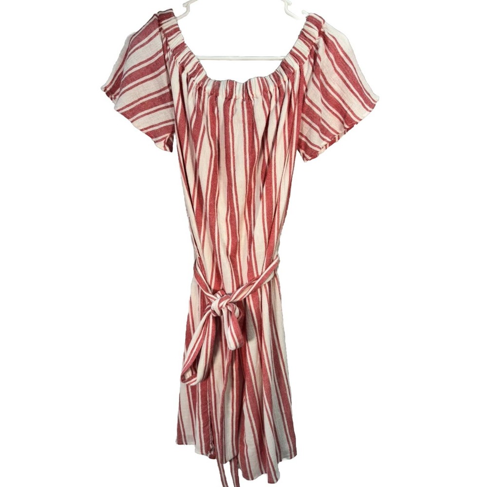 MICHAEL KORS Ruffled Off Shoulder Midi‎ Dress Tie Belt Red Stripe Size S